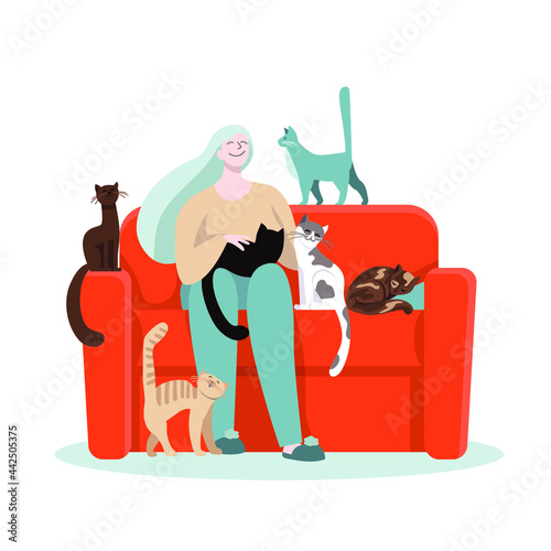A grey haired middle aged woman happily spending time with her cats. Pet lover, kitty mama, cat lady concept. Vector illustration, flat character design.