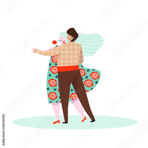 Grey haired mature woman dancing with her partner. Vector flat illustration, modern character design, isolated on white. Concept for adult middle aged active lady spending her free time with fun.