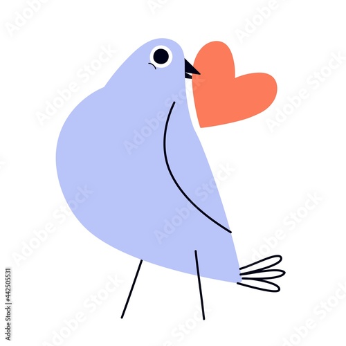 Vector illustration with cute pigeon holding big red heart. Funny romantic print design with dove