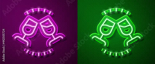 Glowing neon line Wine tasting, degustation icon isolated on purple and green background. Sommelier. Smells of wine. Vector