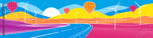 Colorful bright mountain landscape illustration. Balloons are flying over highway . White outline on color waves background. Vector design art
