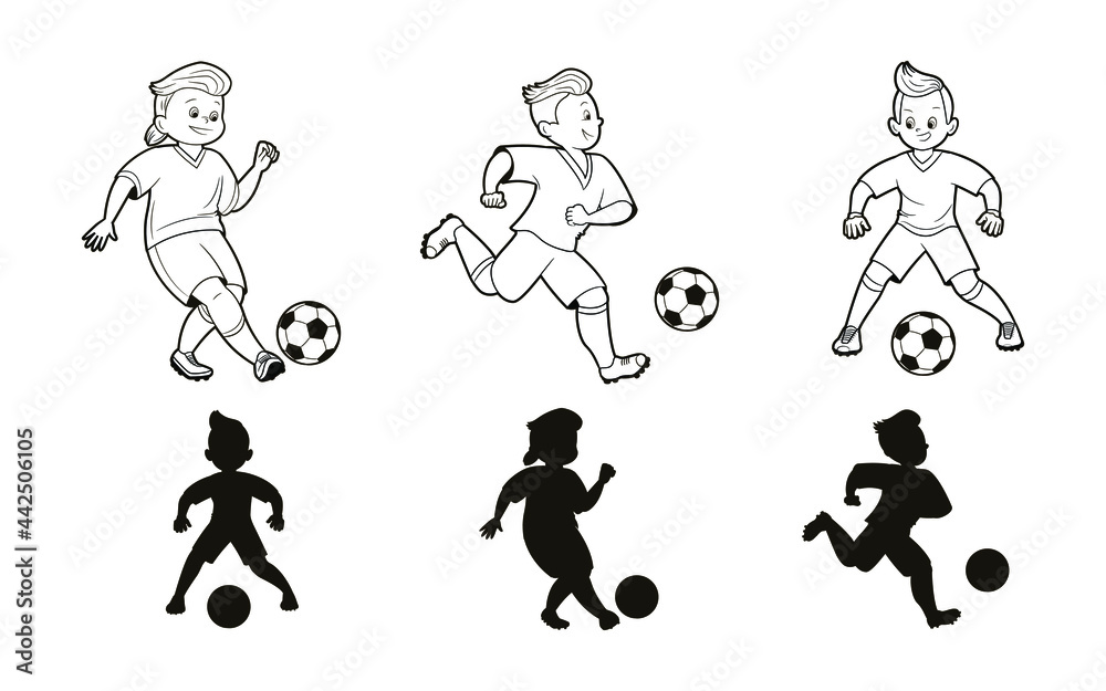 Coloring book: young soccer players playing with a ball. A set of three shapes. Game - find the right shadow for the kids. Vector illustration, cartoon, black and white lines. Coloring book: young soccer players playing with a ball. A set of three shapes. Game - find the right shadow for the kids. Vector illustration, cartoon, black and white lines.