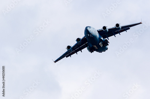 RAF C17 on a training flight during the day with a clear blue sky