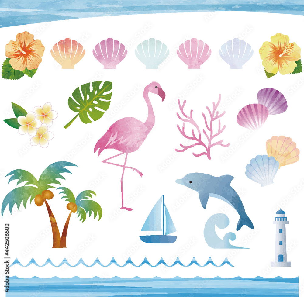 夏 海 花 動物 植物 自然 南国 トロピカル 水彩 イラスト素材セット Stock Vector Adobe Stock