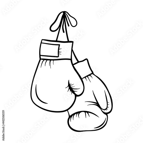 Boxing gloves hang on the carnation. Black white vector illustration in outline style. Sportswear.