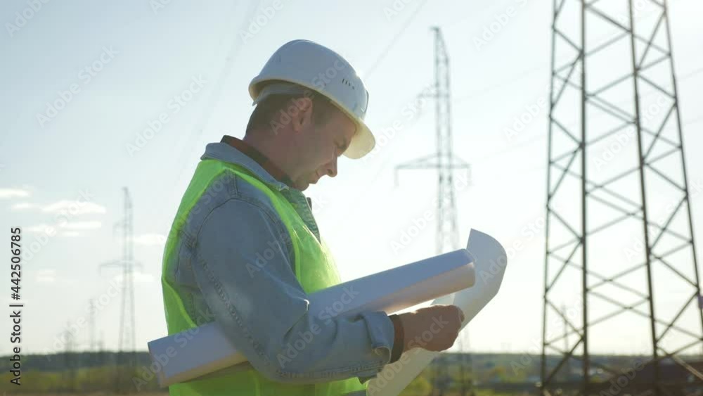 Architect Worker Checking Construction Project On Electric Tower. One Engineer Stands Near Power Lines At Sunset. Male Technician Is Operating A Documents Beside Electrical Transmission Lines. Architect Worker Checking Construction Project On Electric Tower. One Engineer Stands Near Power Lines At Sunset. Male Technician Is Operating A Documents Beside Electrical Transmission Lines.