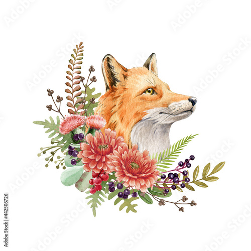 Fox portrait flower arrangement. Watercolor illustration. Wild cute red fox animal autumn flowers, forest berries. Furry animal with red fur, wild herbs. Rustic decoration. Side view forest animal
