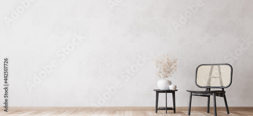 Fototapeta Naklejka Na Ścianę i Meble -  Living room design, bright wall mockup, panorama, 3d render