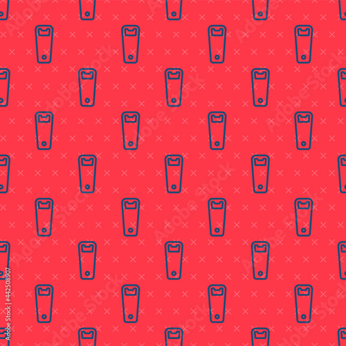 Blue line Bottle opener icon isolated seamless pattern on red background. Vector