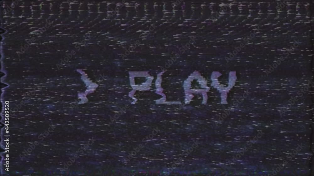 Old damaged VHS tape playing with PLAY text message on screen, retro