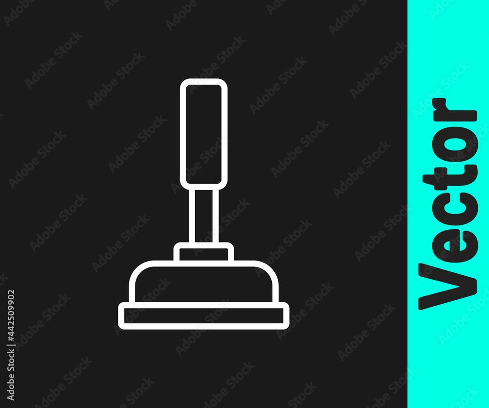 White line Rubber plunger with wooden handle for pipe cleaning icon isolated on black background. Toilet plunger. Vector White line Rubber plunger with wooden handle for pipe cleaning icon isolated on black background. Toilet plunger. Vector