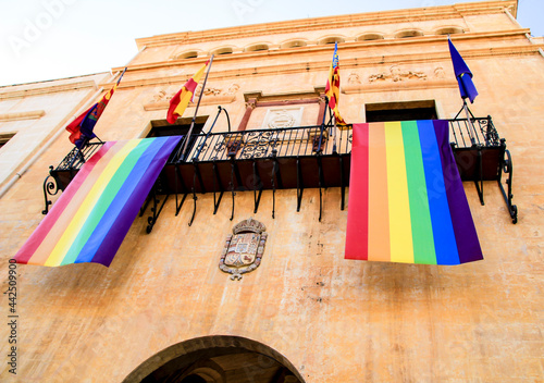 Rainbow flag hanging in the town hall of Elche
