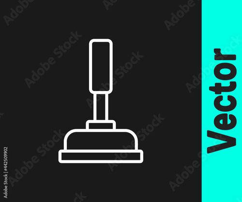White line Rubber plunger with wooden handle for pipe cleaning icon isolated on black background. Toilet plunger. Vector