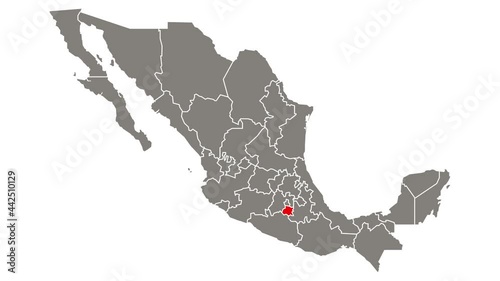 Morelos state blinking red highlighted in map of Mexico photo