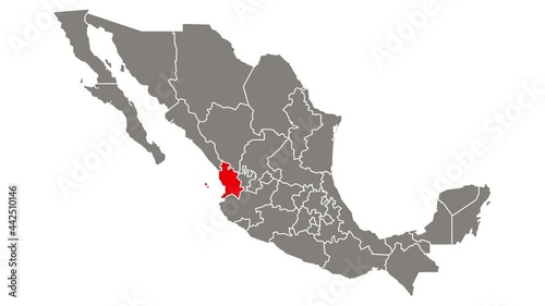 Nayarit state blinking red highlighted in map of Mexico photo