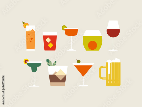 Drinks color icon set. Variety of alchoholic and non alcoholic cocktails, drinks in glasses. Bar drinks illustration. photo