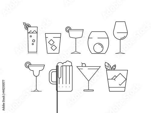Various drinks line icons. Alchoholic and non alcoholic cocktails, drinks in glasses. Bar drinks illustration icons. Vector.