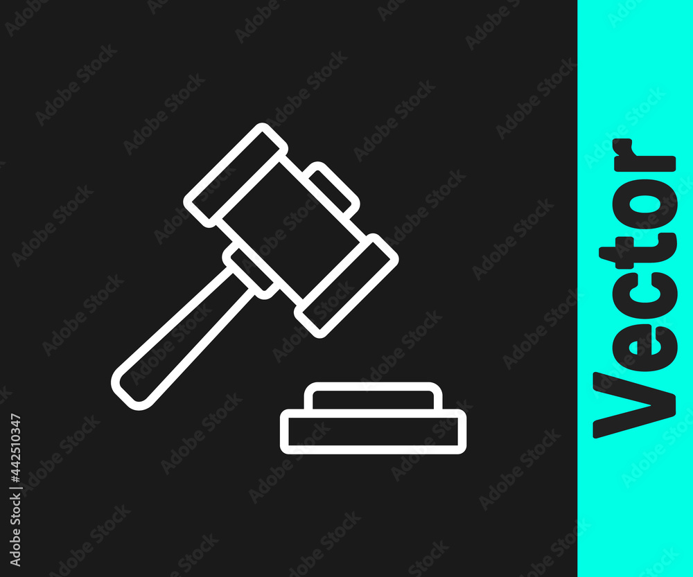 White line Judge gavel icon isolated on black background. Gavel for adjudication of sentences and bills, court, justice. Auction hammer. Vector