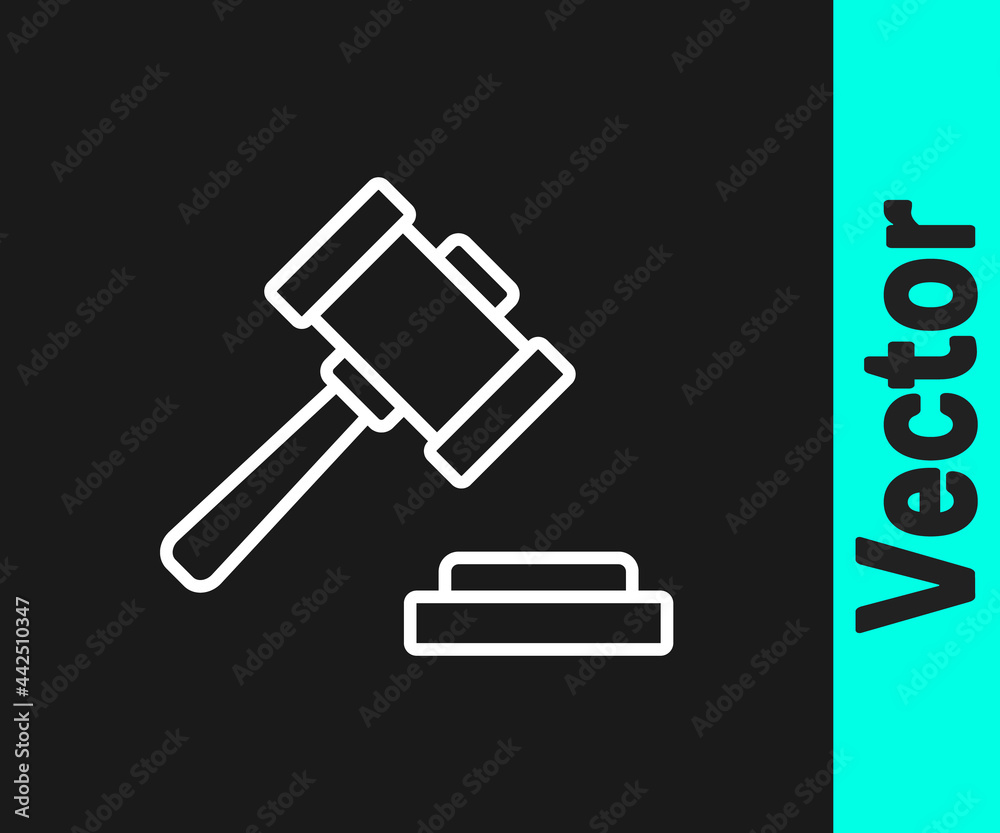 White line Judge gavel icon isolated on black background. Gavel for adjudication of sentences and bills, court, justice. Auction hammer. Vector White line Judge gavel icon isolated on black background. Gavel for adjudication of sentences and bills, court, justice. Auction hammer. Vector