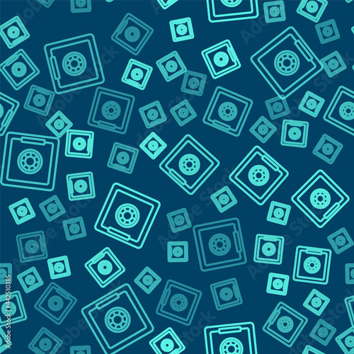 Green line Safe icon isolated seamless pattern on blue background. The door safe a bank vault with a combination lock. Reliable Data Protection. Vector