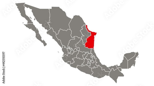 Tamaulipas state blinking red highlighted in map of Mexico photo
