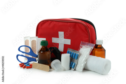 First aid medical kit isolated on white background