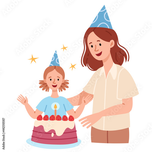 Mother and daughter celebrate a birthday. Happy children's holiday. The girl blows out candles on a cake. Cheerful caps on the head.