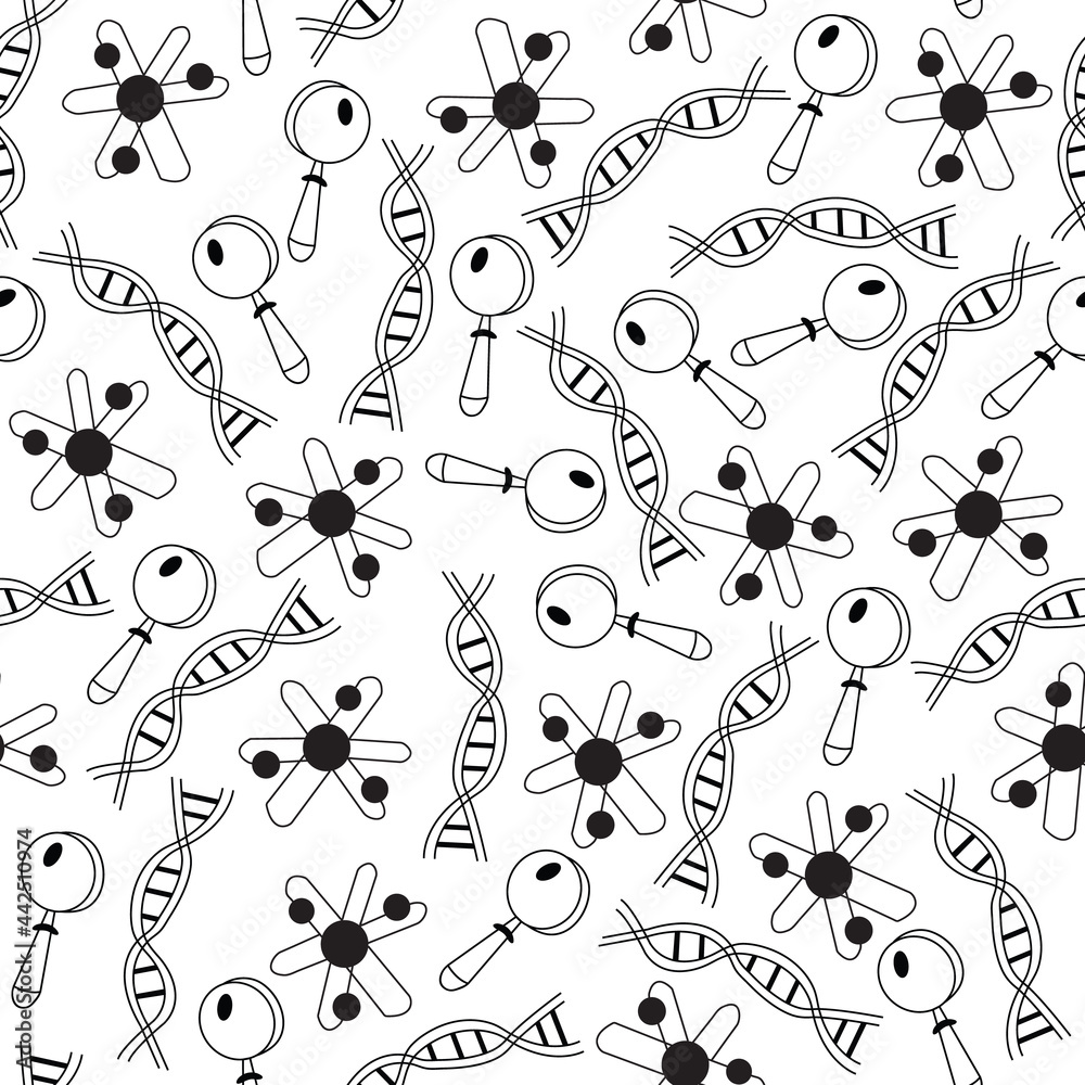 Vector black and white science molecules, magnifying glass seamless pattern background Vector black and white science molecules, magnifying glass seamless pattern background