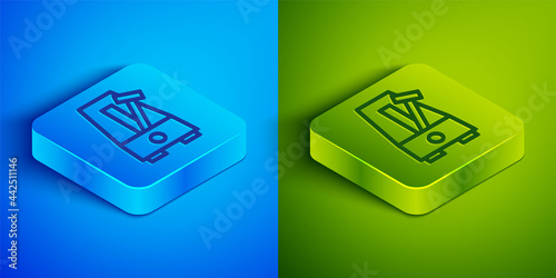 Isometric line Classic Metronome with pendulum in motion icon isolated on blue and green background. Equipment of music and beat mechanism. Square button. Vector