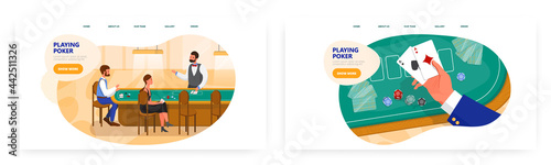 People playing poker game sitting at green table, landing page design, website banner vector template. Casino gambling.