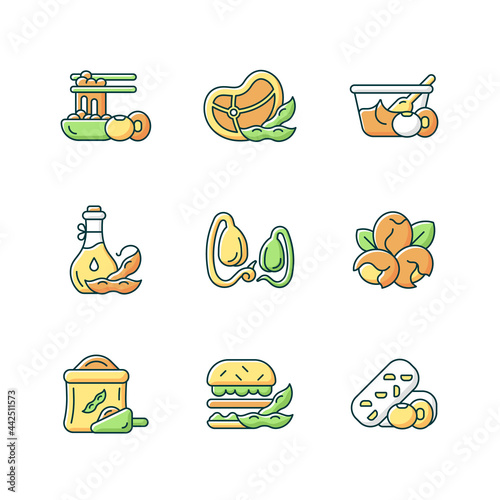 Soy plants RGB color icons set. Isolated vector illustrations. Growing organic vegetables. Healthy meals preparing. Vegeterian foods fill of nutritions simple filled line drawings collection