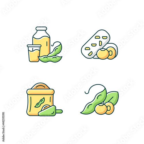 Soy meals RGB color icons set. Isolated vector illustrations. Organic soybean based flour. Healthy plant milk. Vegetarian meal preparation. Vegetable snacks simple filled line drawings collection