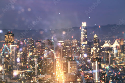 Abstract virtual wireless technology hologram on San Francisco skyline background. Big data and database concept. Multiexposure