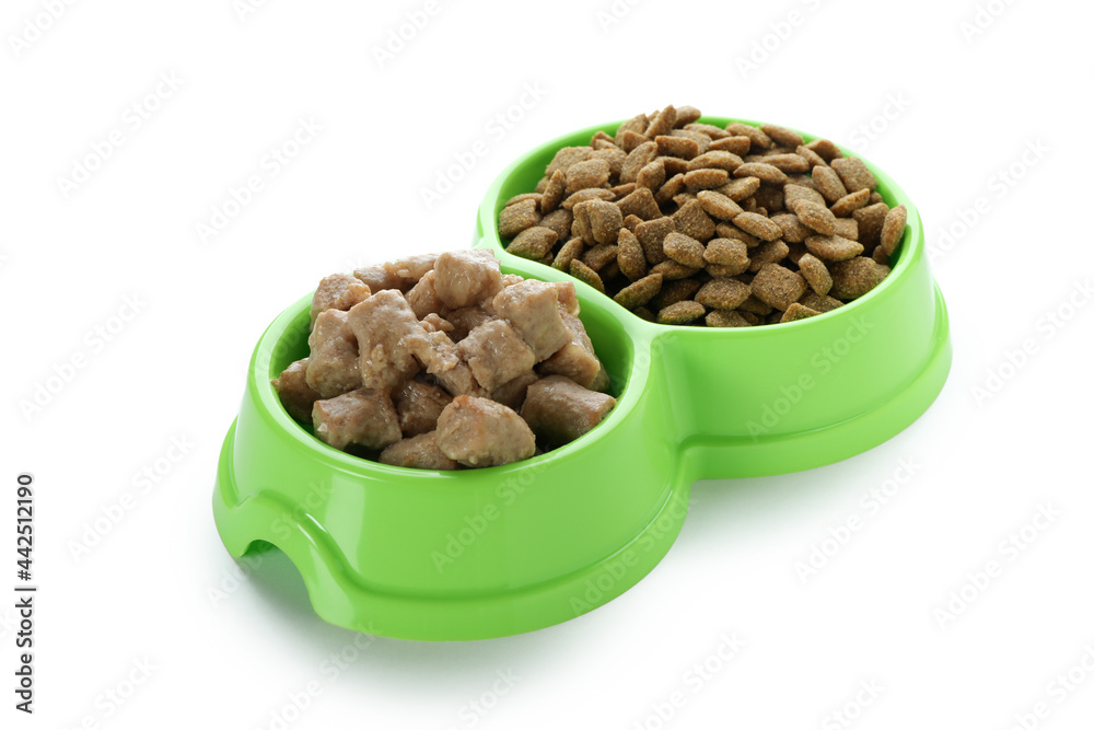 Pet food in bowls isolated on white background Pet food in bowls isolated on white background