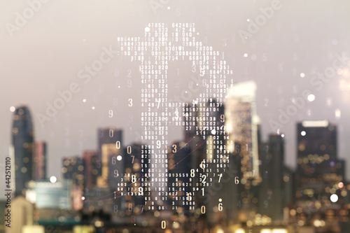 Double exposure of creative Bitcoin symbol hologram on blurry cityscape background. Cryptocurrency concept