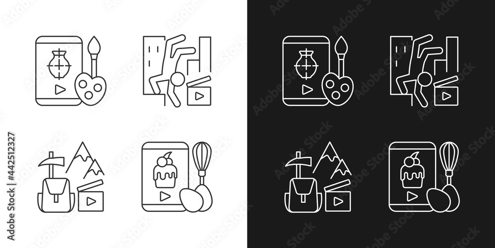 Internet video linear icons set for dark and light mode. Drawing tutorial. Parkour footage. Travel vlog. Customizable thin line symbols. Isolated vector outline illustrations. Editable stroke