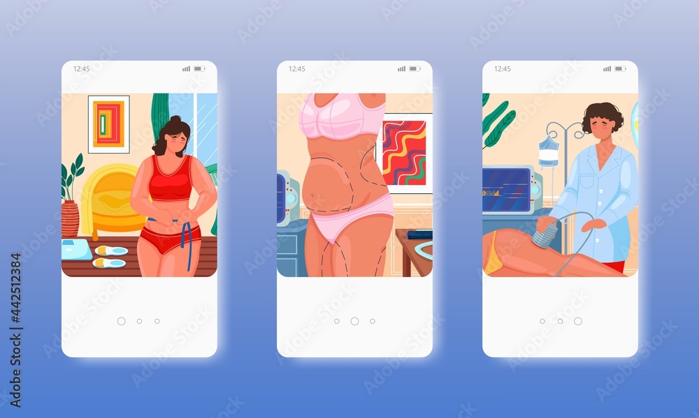 Ultrasound liposuction. Ultrasonic cavitation. Mobile app screens, vector website banner template. UI, web site design. Ultrasound liposuction. Ultrasonic cavitation. Mobile app screens, vector website banner template. UI, web site design.