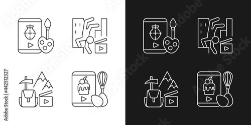 Internet video linear icons set for dark and light mode. Drawing tutorial. Parkour footage. Travel vlog. Customizable thin line symbols. Isolated vector outline illustrations. Editable stroke