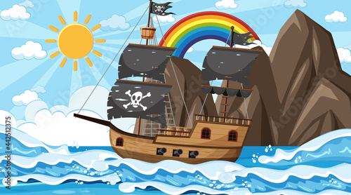 Ocean with Pirate ship at day time scene in cartoon style photo