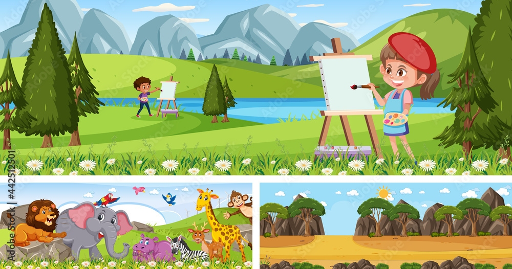 Fototapeta premium Set of different outdoor panoramic landscape scenes with cartoon character