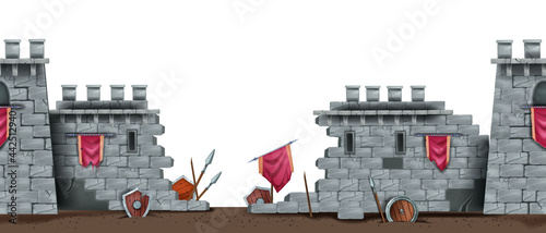 Stone castle wall, ancient ruin seamless background, vector medieval battlefield illustration, shield. Broken brick fortification tower, old standard, cracked spear. Fantasy citadel, castle ruin