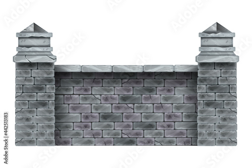 Stone fence vector illustration, gray brick wall, cartoon rock column, garden barrier 2D clipart. Outdoor security exterior element front view, mansion boundary. Home stone fence isolated on white