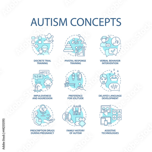 Autism spectrum disorder concept icons set. Developmental disabilities idea thin line color illustrations. Impulsiveness and aggression. Vector isolated outline drawings. Editable stroke