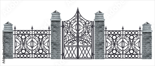 Iron wrought gate vector illustration, metal antique fence, brick stone pillars isolated on white. Black gothic ornate grate, steel manor entrance, classic park front portal. Mansion iron classic gate