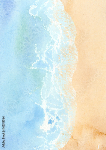 Fototapeta Naklejka Na Ścianę i Meble -  watercolor waves backgrounds clipart, Beach scenry image, Ocean landscape, Sea travel clipart, Hawaiian summer clip art, Blue beige background, Sandy beach