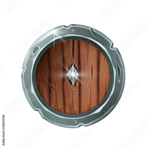 Wooden game shield icon, medieval warrior armor vector illustration, knight round battle award. Fantasy military RPG object, Viking cartoon fight element. Knight game shield isolated on white