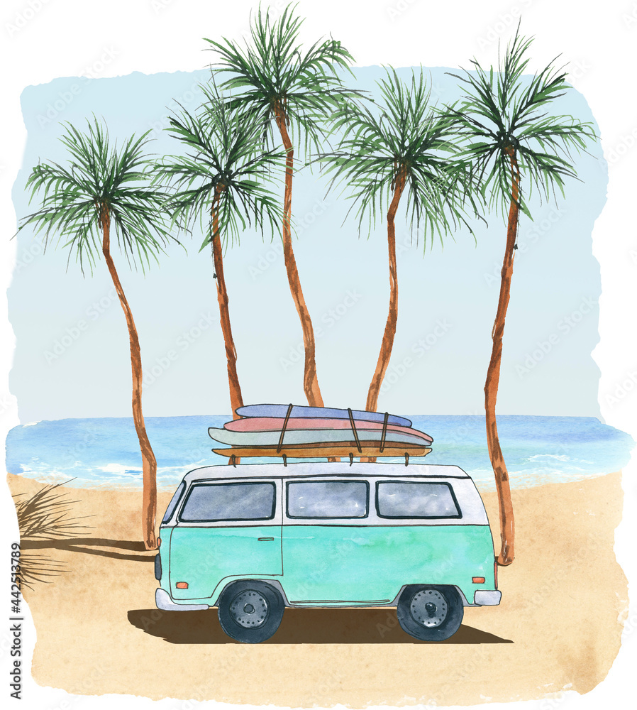 Watercolor beach clipart, Best friend summer trip, Summer vibes, Surf travel clip art, Palm tree landscape, Ocean waves