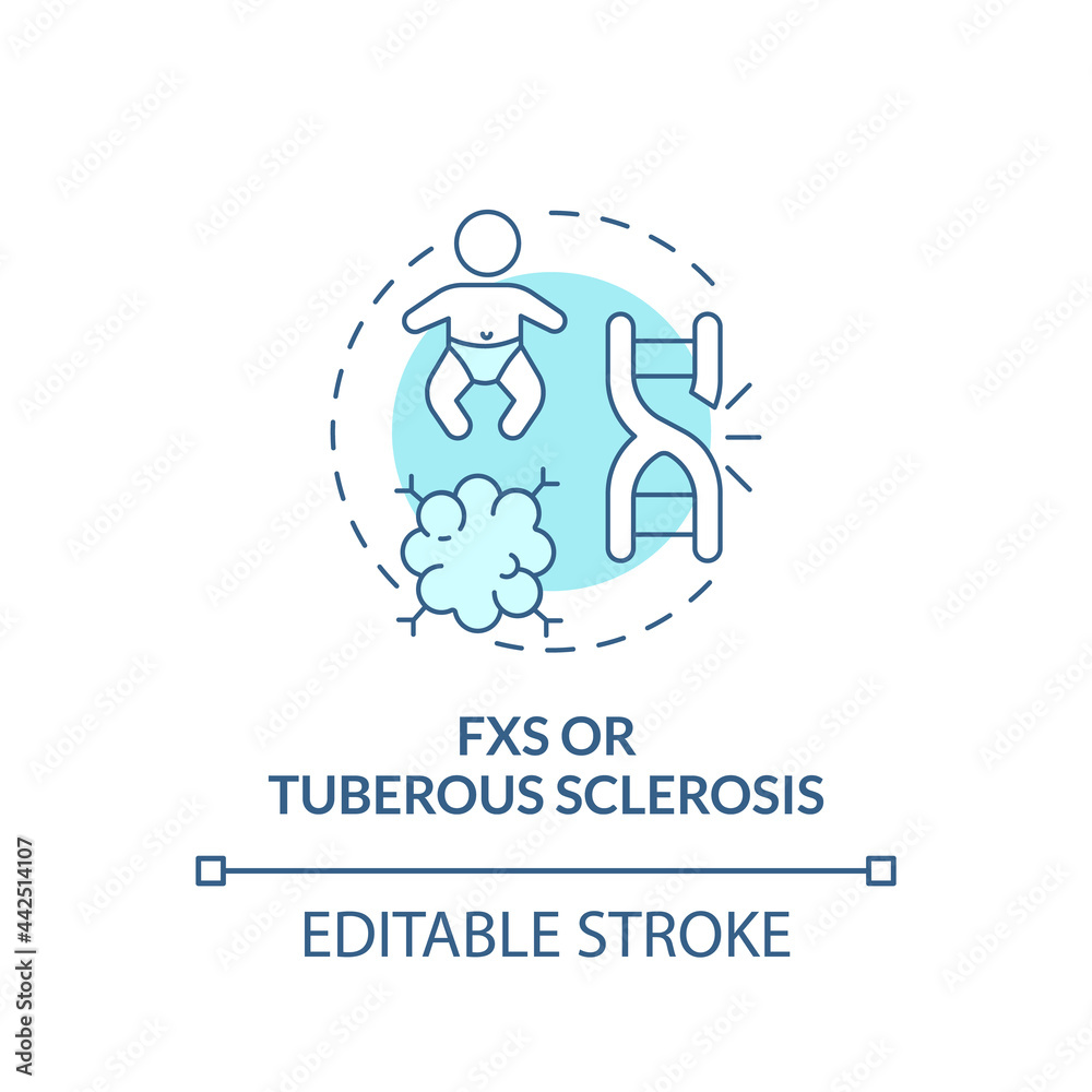 FXS and tuberous sclerosis concept icon. Autism cause abstract idea thin line illustration. Rare genetic condition. Learning disabilities. Vector isolated outline color drawing. Editable stroke FXS and tuberous sclerosis concept icon. Autism cause abstract idea thin line illustration. Rare genetic condition. Learning disabilities. Vector isolated outline color drawing. Editable stroke