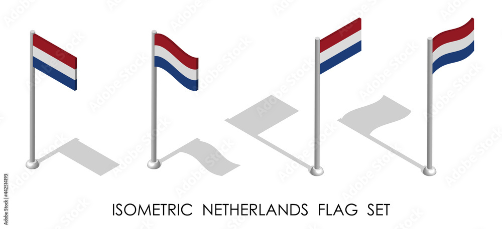isometric flag of Holland, Netherlands in static position and in motion on flagpole. 3d vector isometric flag of Holland, Netherlands in static position and in motion on flagpole. 3d vector