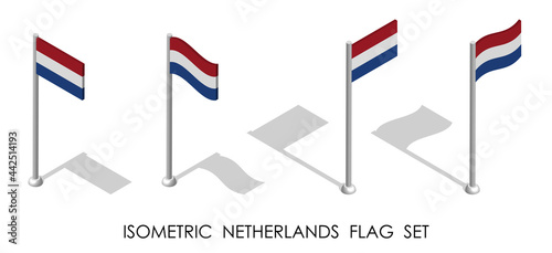 isometric flag of Holland, Netherlands in static position and in motion on flagpole. 3d vector